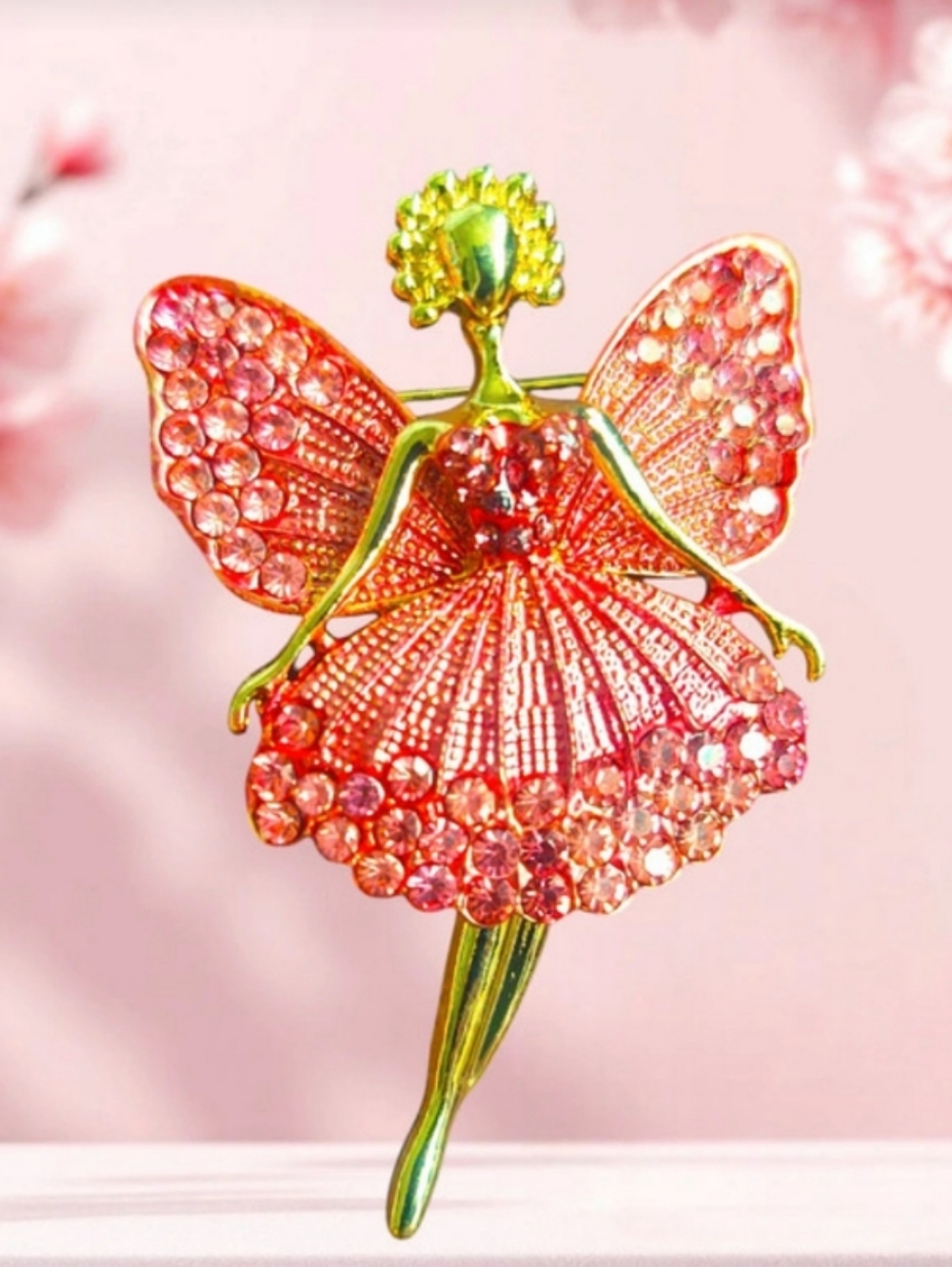 Gold-Tone Pink Crystal Fairy Brooch